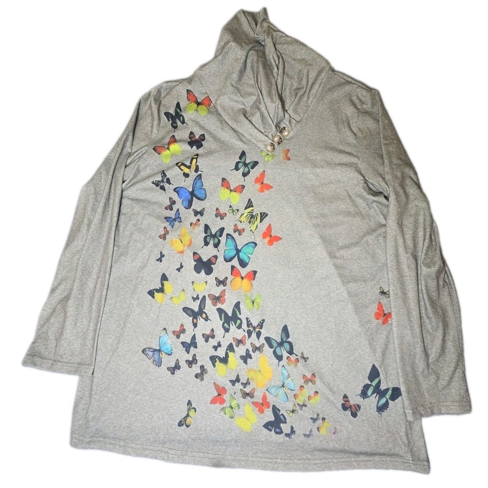 Misslook Top Womens 3XL Gray Butterfly Print Cowl Neck Button Detail Shacket Blo